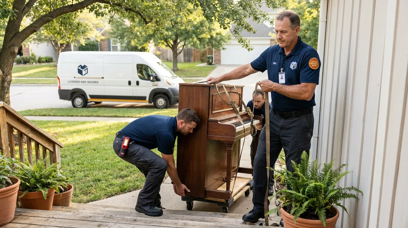 Licensed piano movers securing grand piano in Ocean City, MD