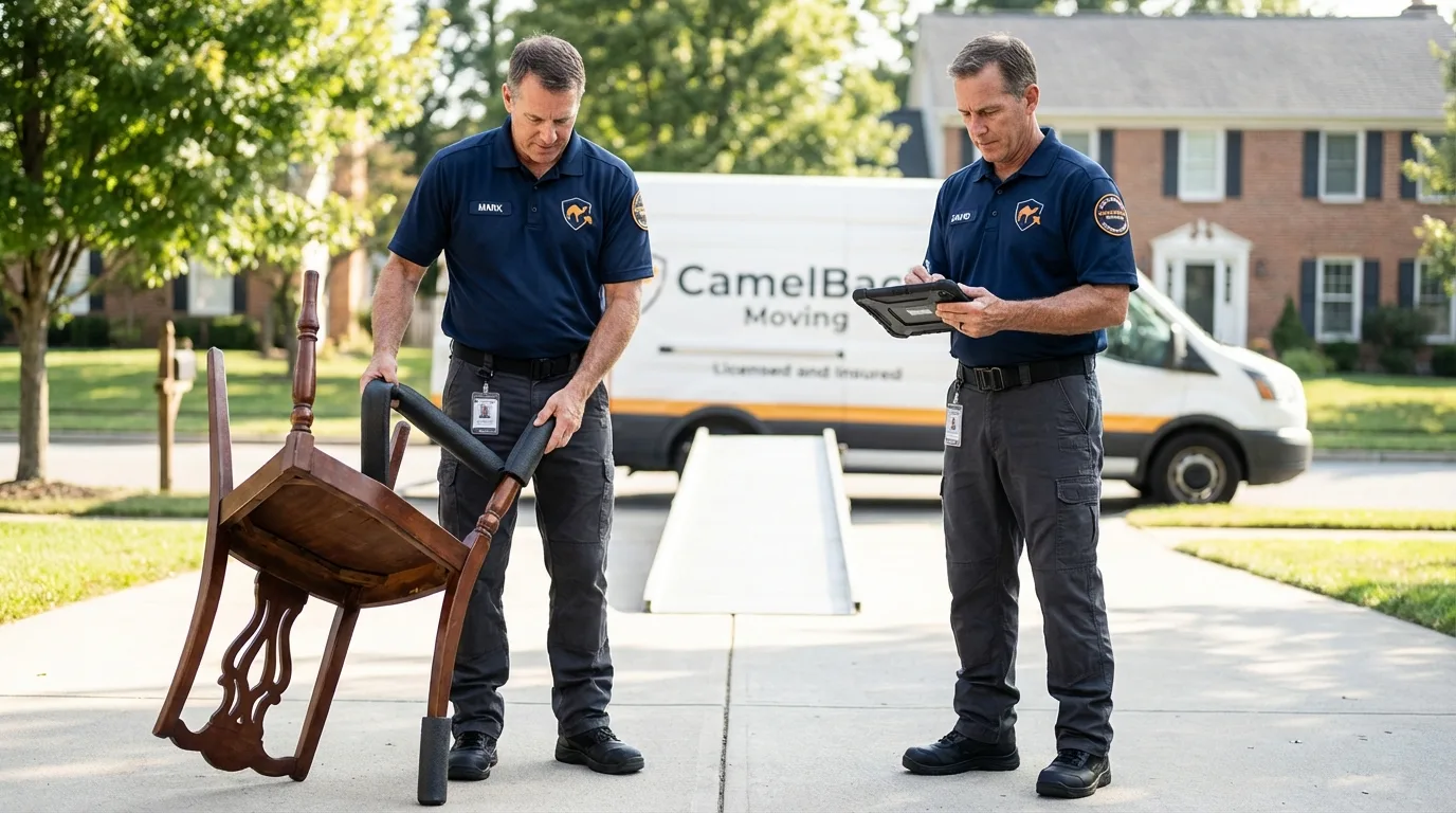 Movers inspecting furniture for damage prevention before loading in Ocean City, MD